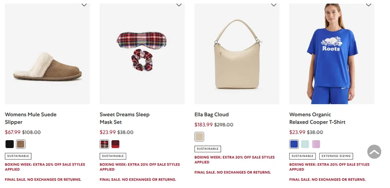 Roots Canada Boxing Day 2025 Deals Sale: Save up to 60% + Extra 20% off